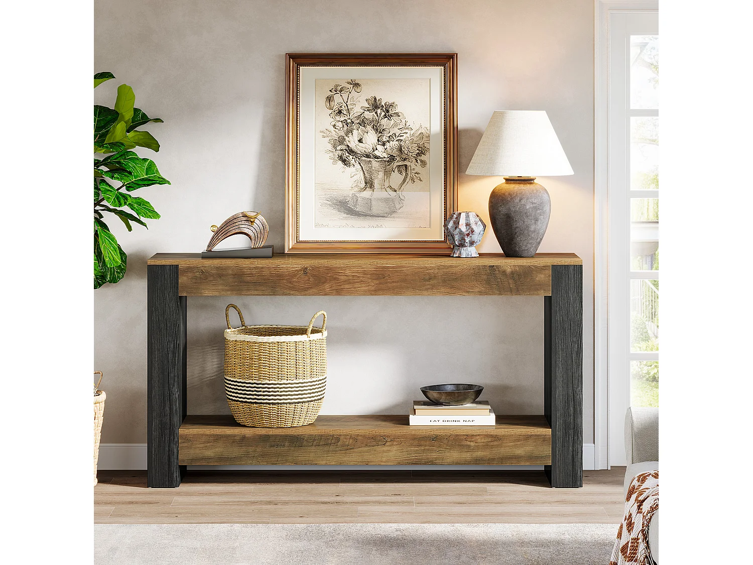 Tavolo consolle lungo 160 cm per ingresso, tavolo rustico in legno per soggiorno