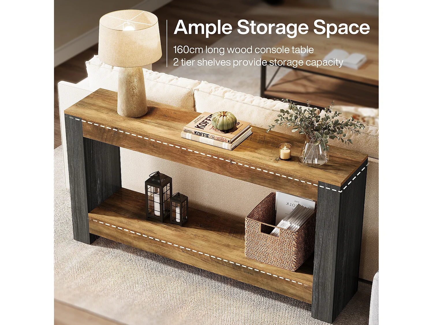 Tavolo consolle lungo 160 cm per ingresso, tavolo rustico in legno per soggiorno