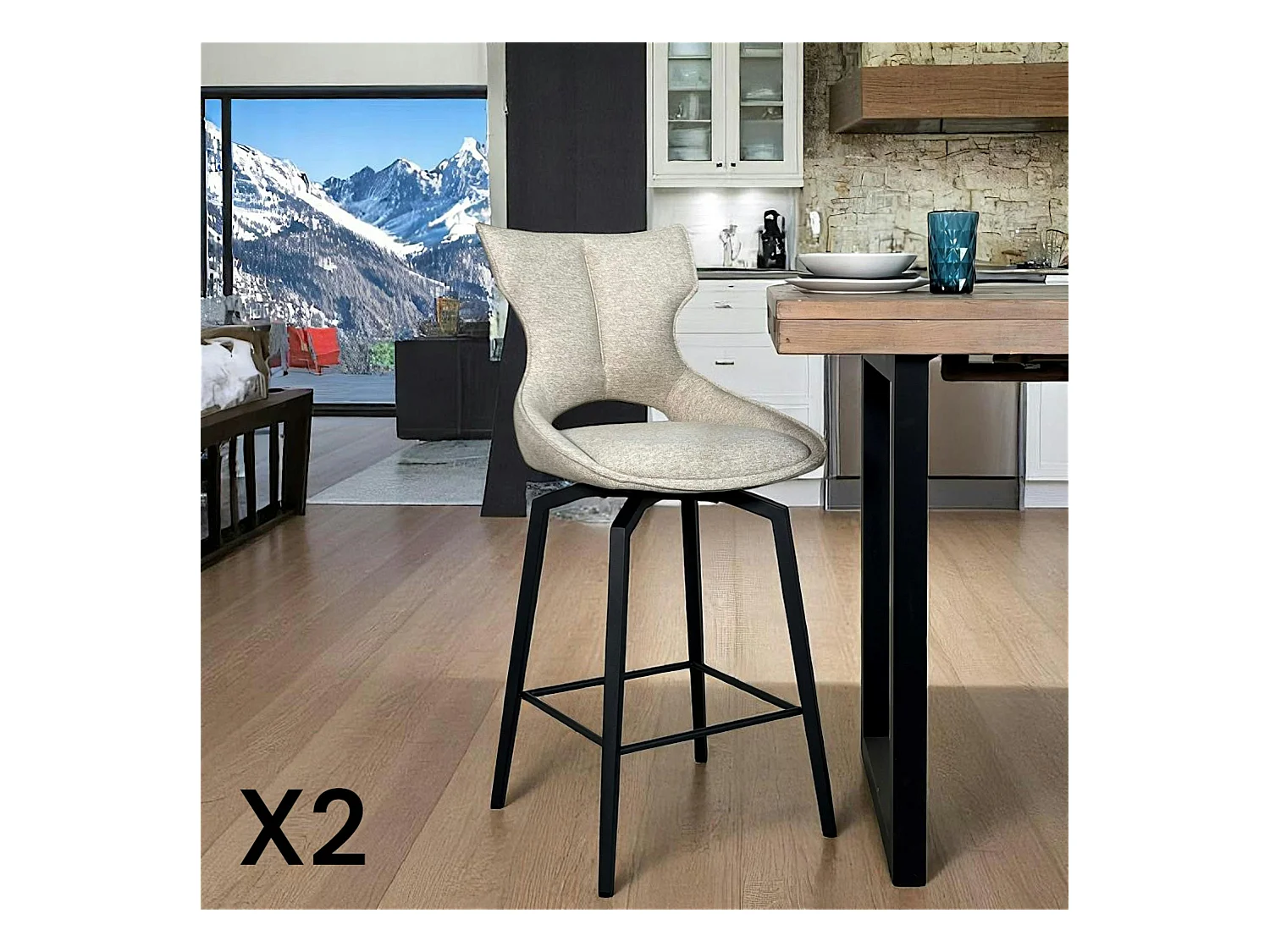 Chaise de bar pivotante tissu beige (lot de 2) LOMBARDIE