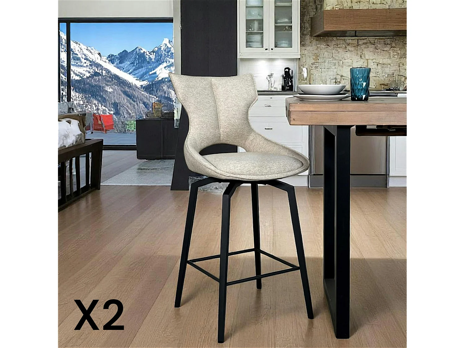Chaise de bar pivotante tissu beige (lot de 2) LOMBARDIE