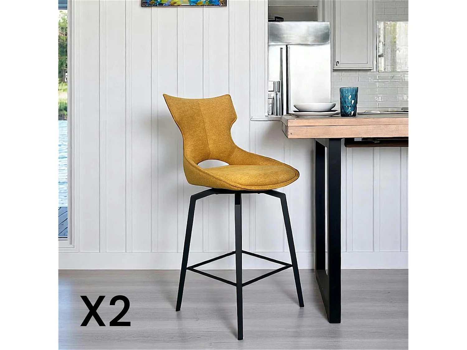 Chaise de bar pivotante tissu doré (lot de 2) LOMBARDIE