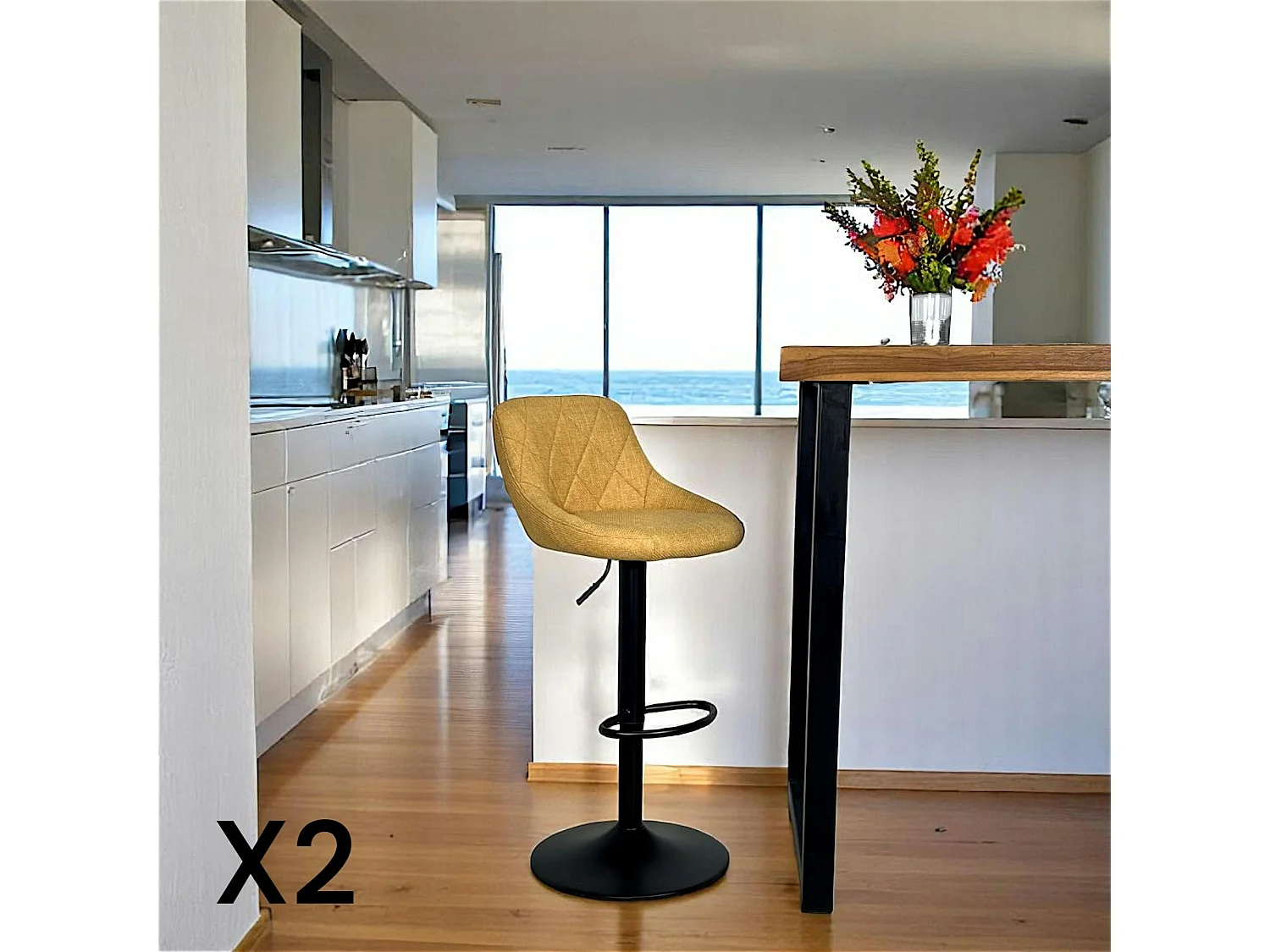 Chaise de bar hauteur réglable tissu moutarde (lot de 2) MALMOE