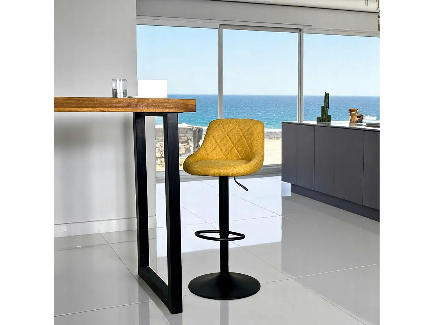 Chaise de bar hauteur réglable tissu moutarde (lot de 2) MALMOE