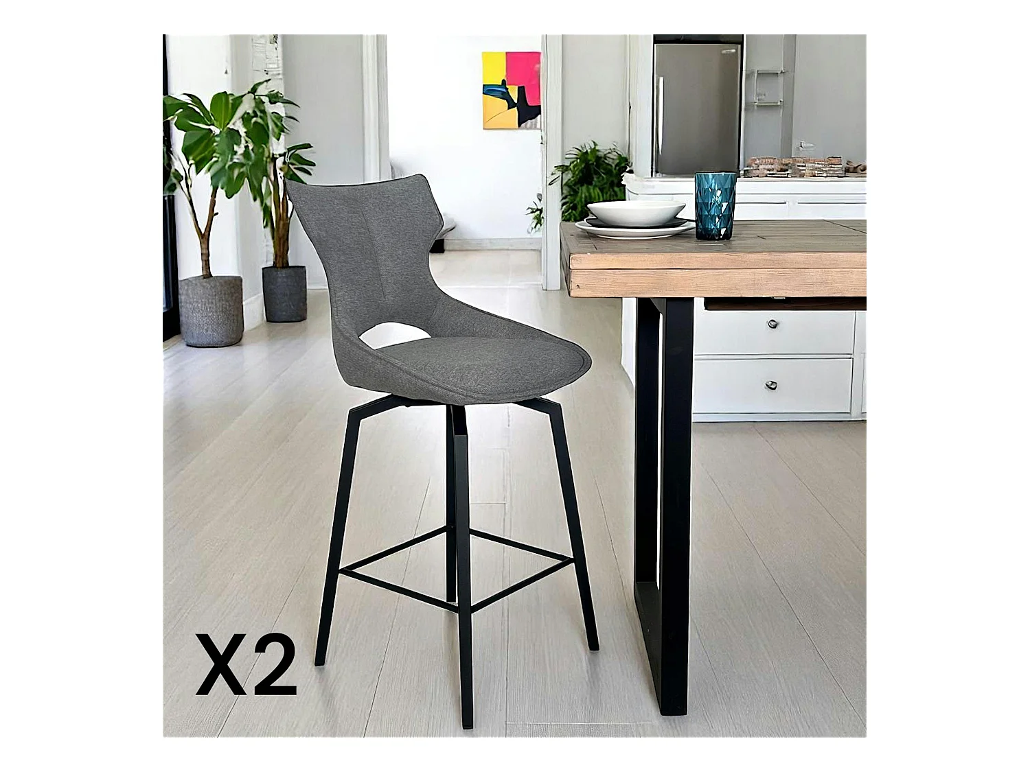 Chaise de bar pivotante tissu gris (lot de 2) LOMBARDIE