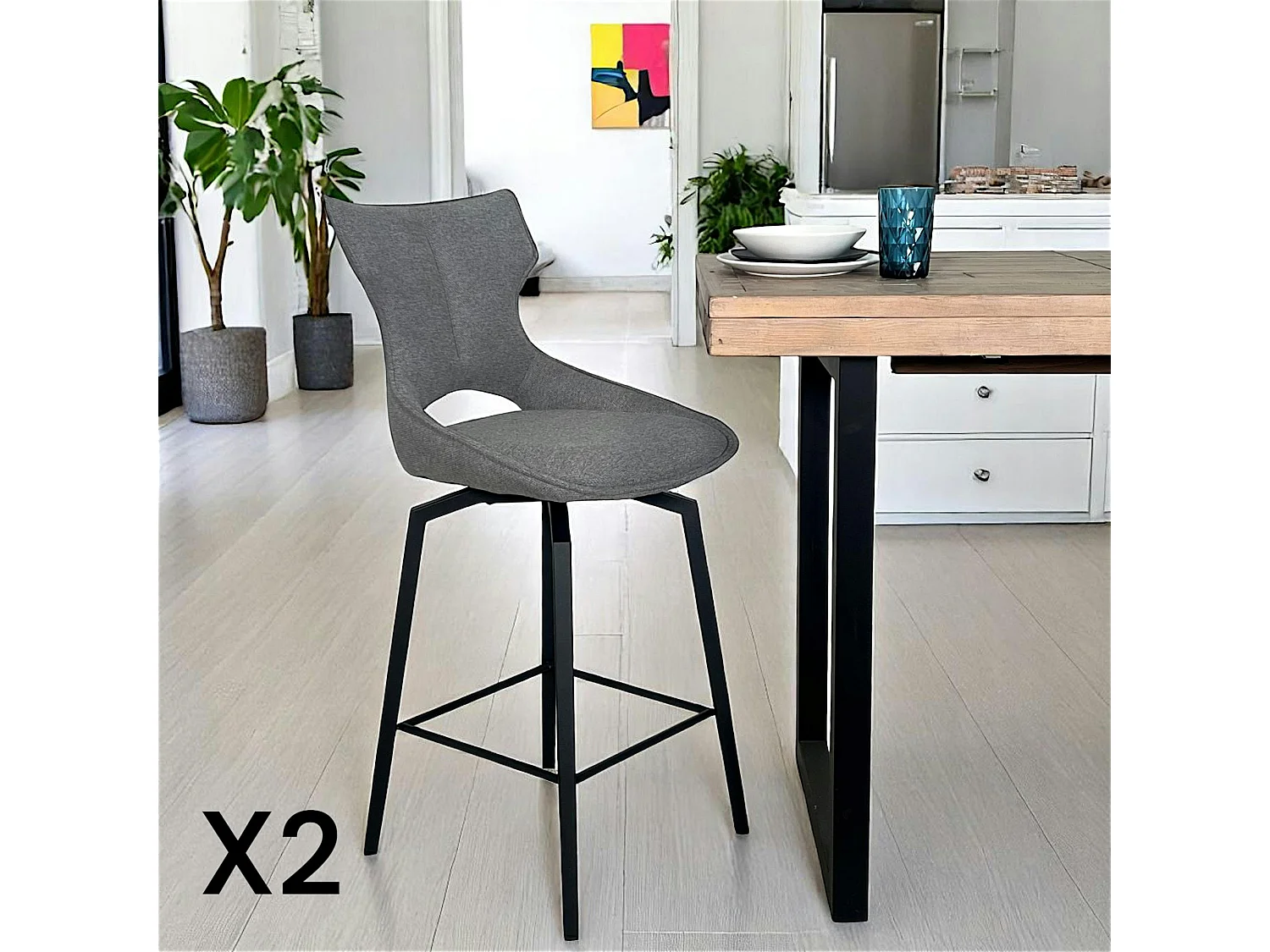 Chaise de bar pivotante tissu gris (lot de 2) LOMBARDIE