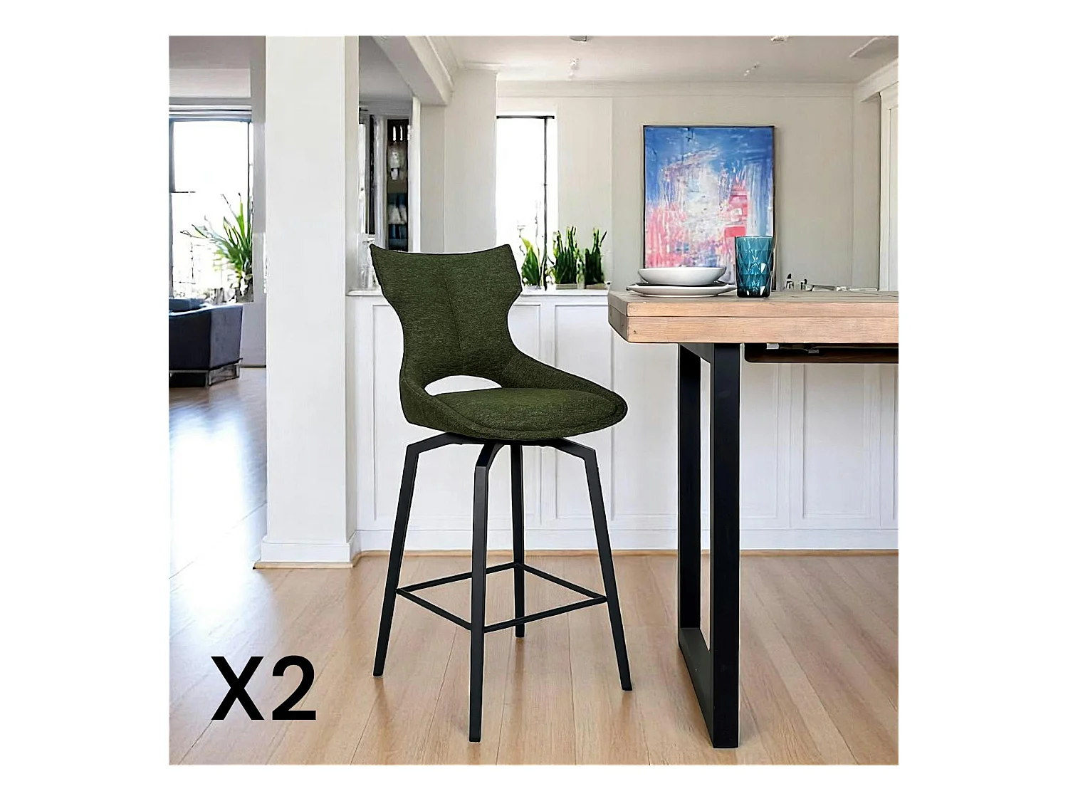 Chaise de bar pivotante tissu vert (lot de 2) LOMBARDIE