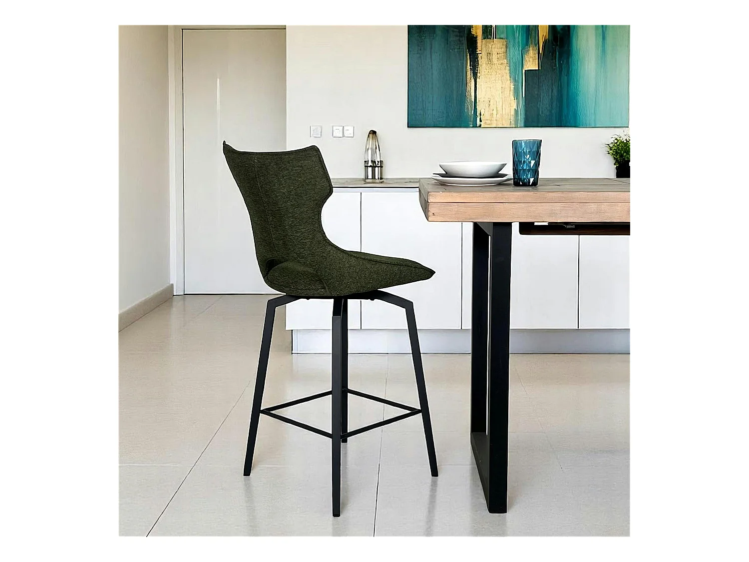 Chaise de bar pivotante tissu vert (lot de 2) LOMBARDIE