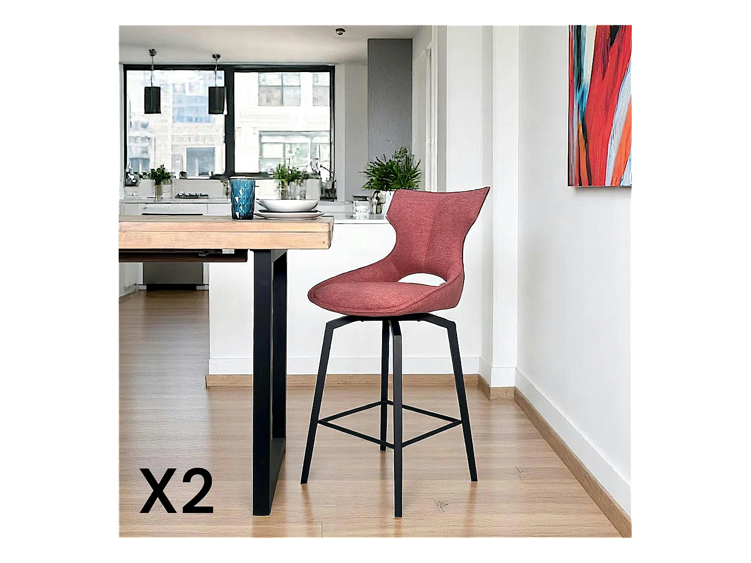 Chaise de bar pivotante tissu rose (lot de 2) LOMBARDIE
