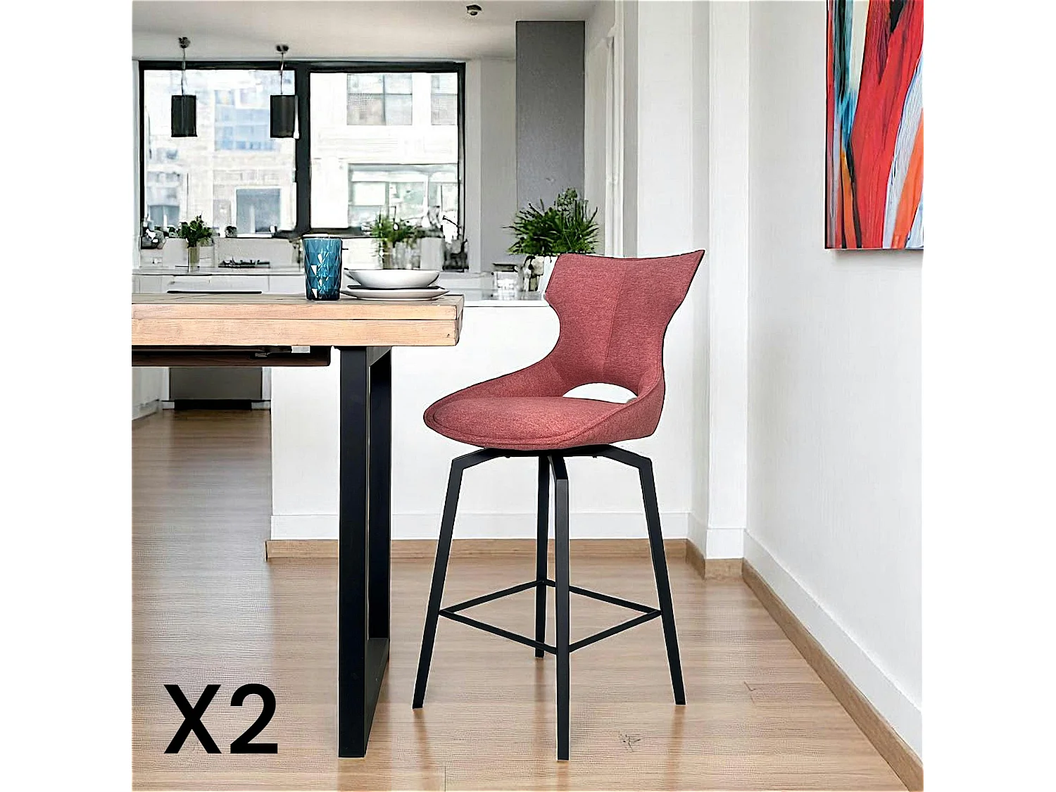 Chaise de bar pivotante tissu rose (lot de 2) LOMBARDIE