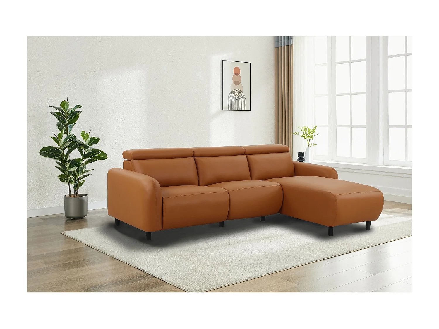 Skaane | Sofa 3 seater with chaise right & electric function in PU cognac