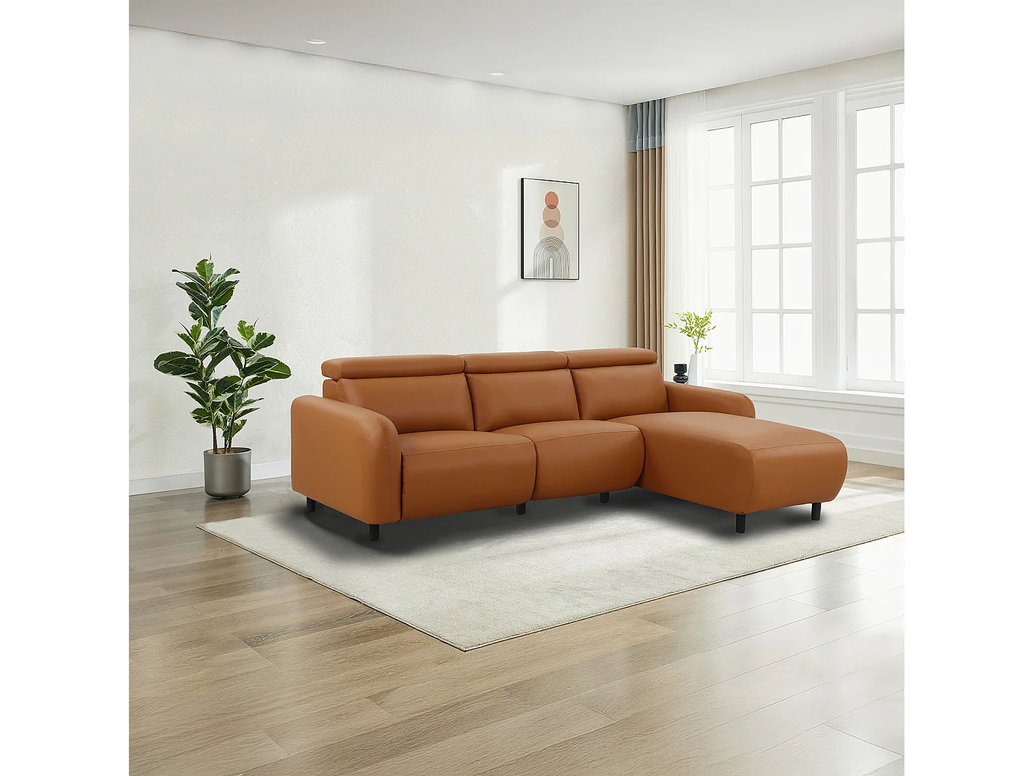 Skaane | Sofa 3 seater with chaise right & electric function in PU cognac