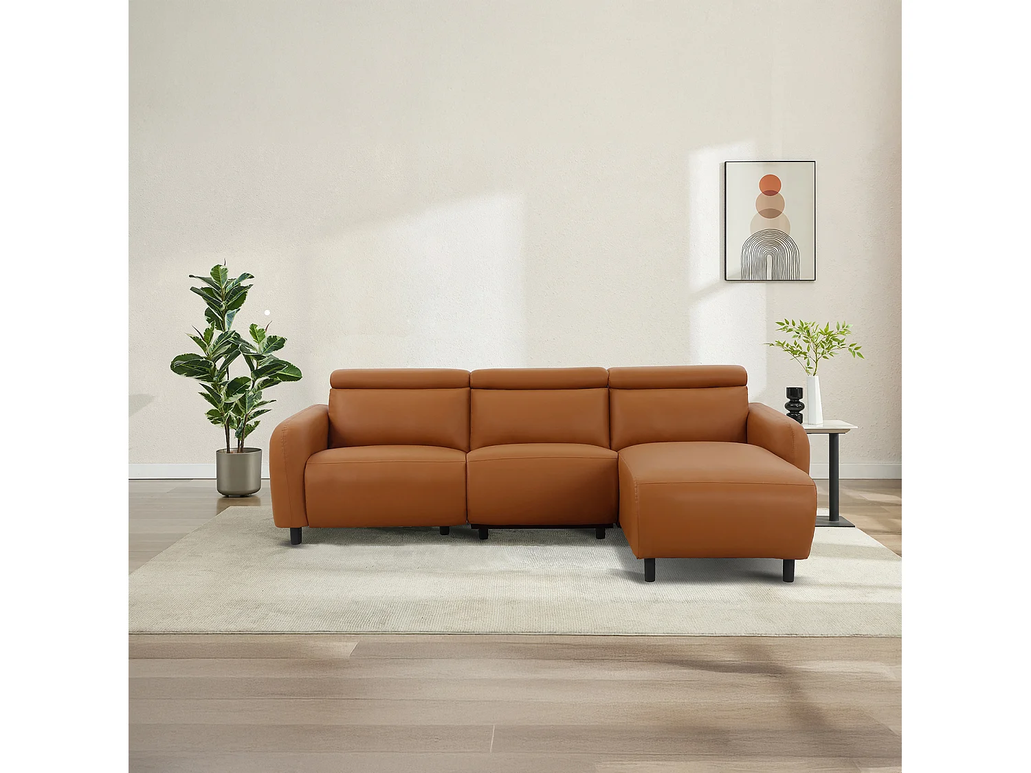 Skaane | Sofa 3 seater with chaise right & electric function in PU cognac