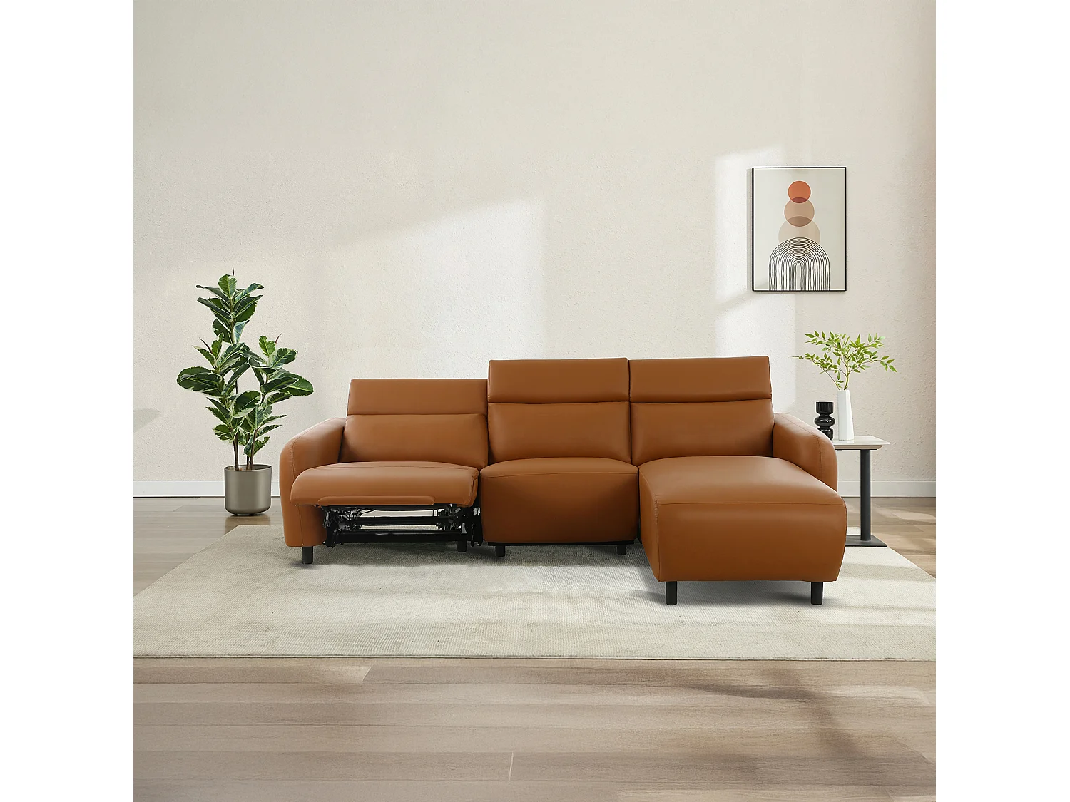 Skaane | Sofa 3 seater with chaise right & electric function in PU cognac