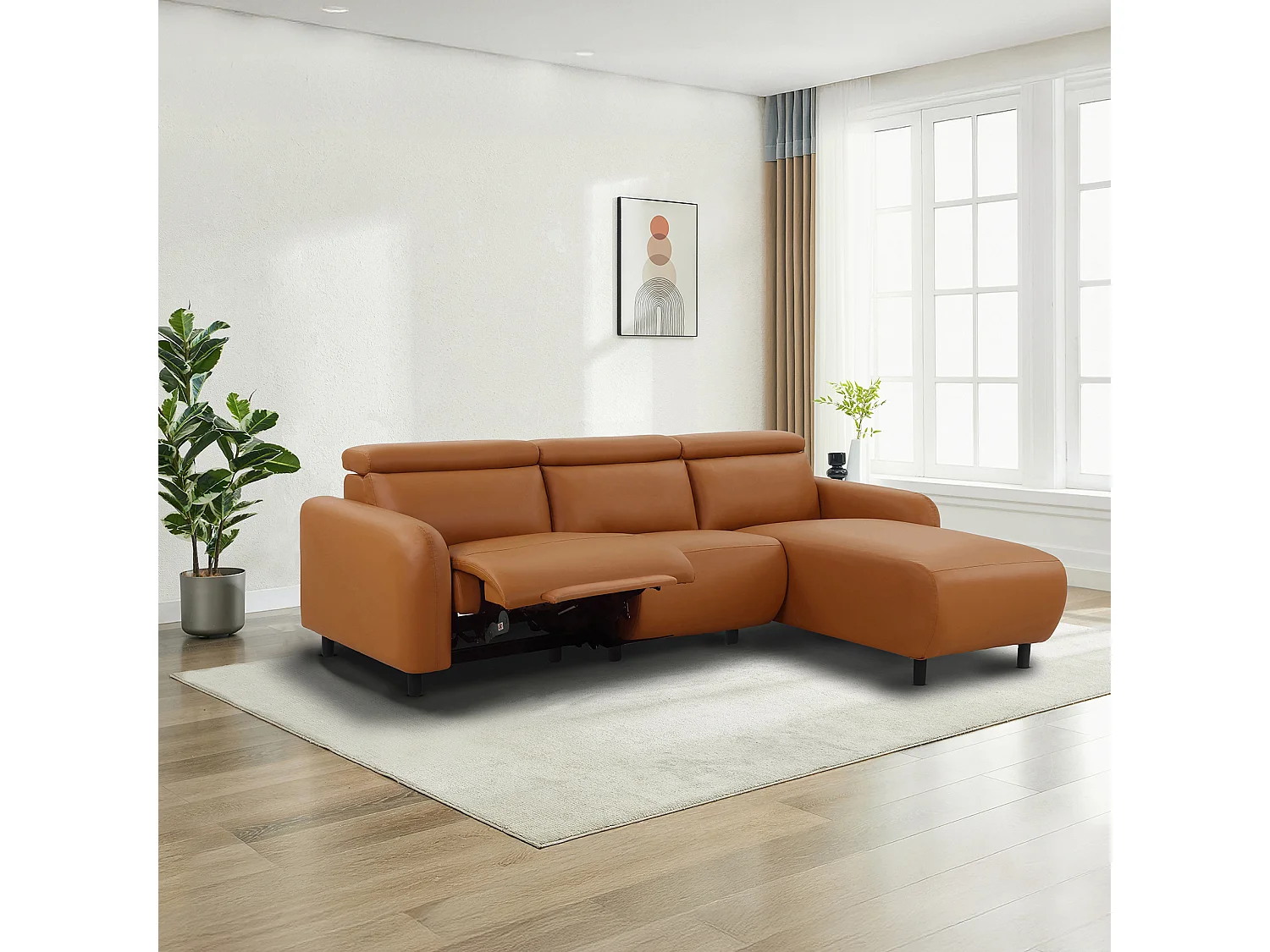 Skaane | Sofa 3 seater with chaise right & electric function in PU cognac
