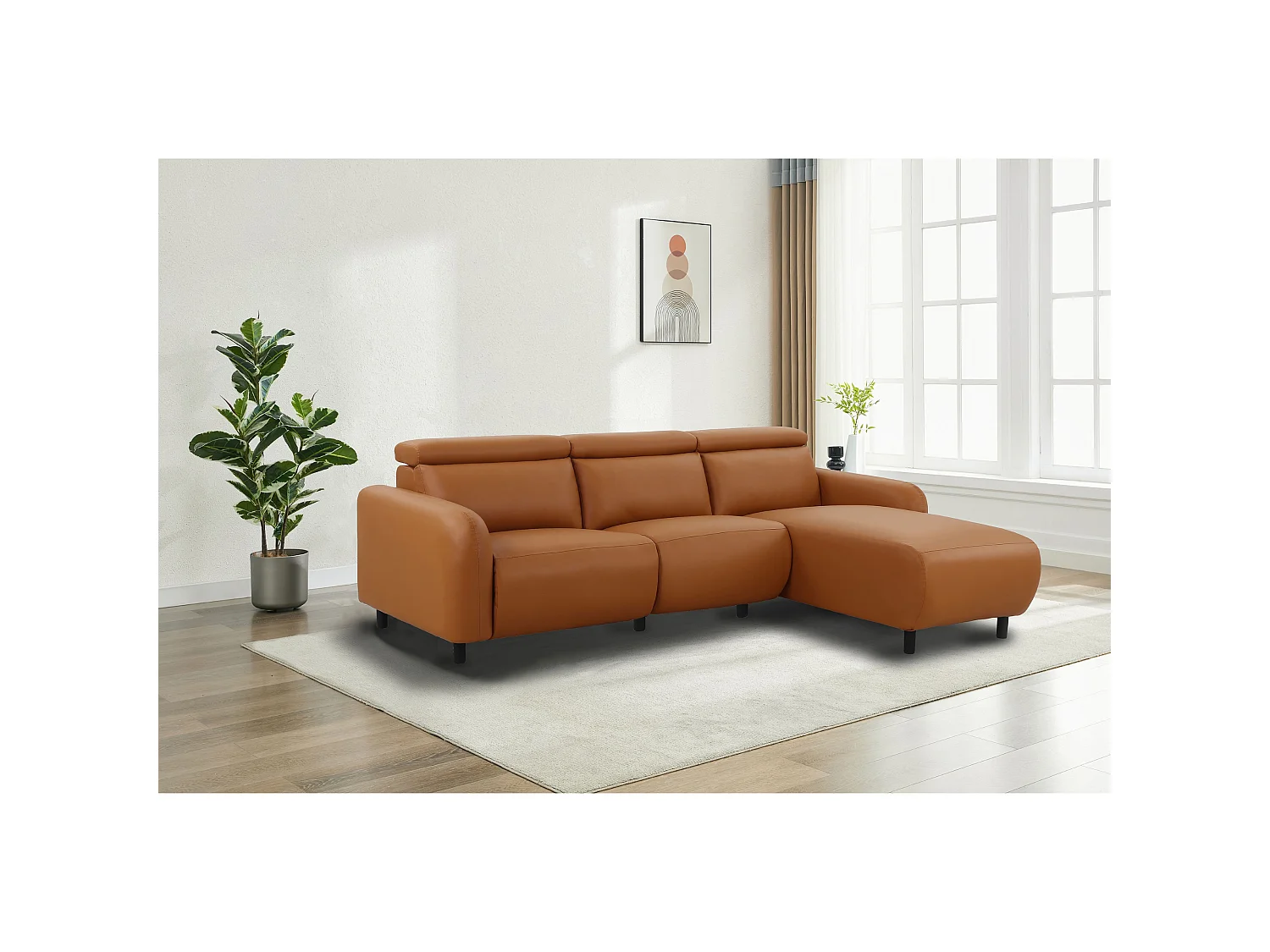 Canapé d'angle droit relax électrique 3 places en simili marron SKAANE