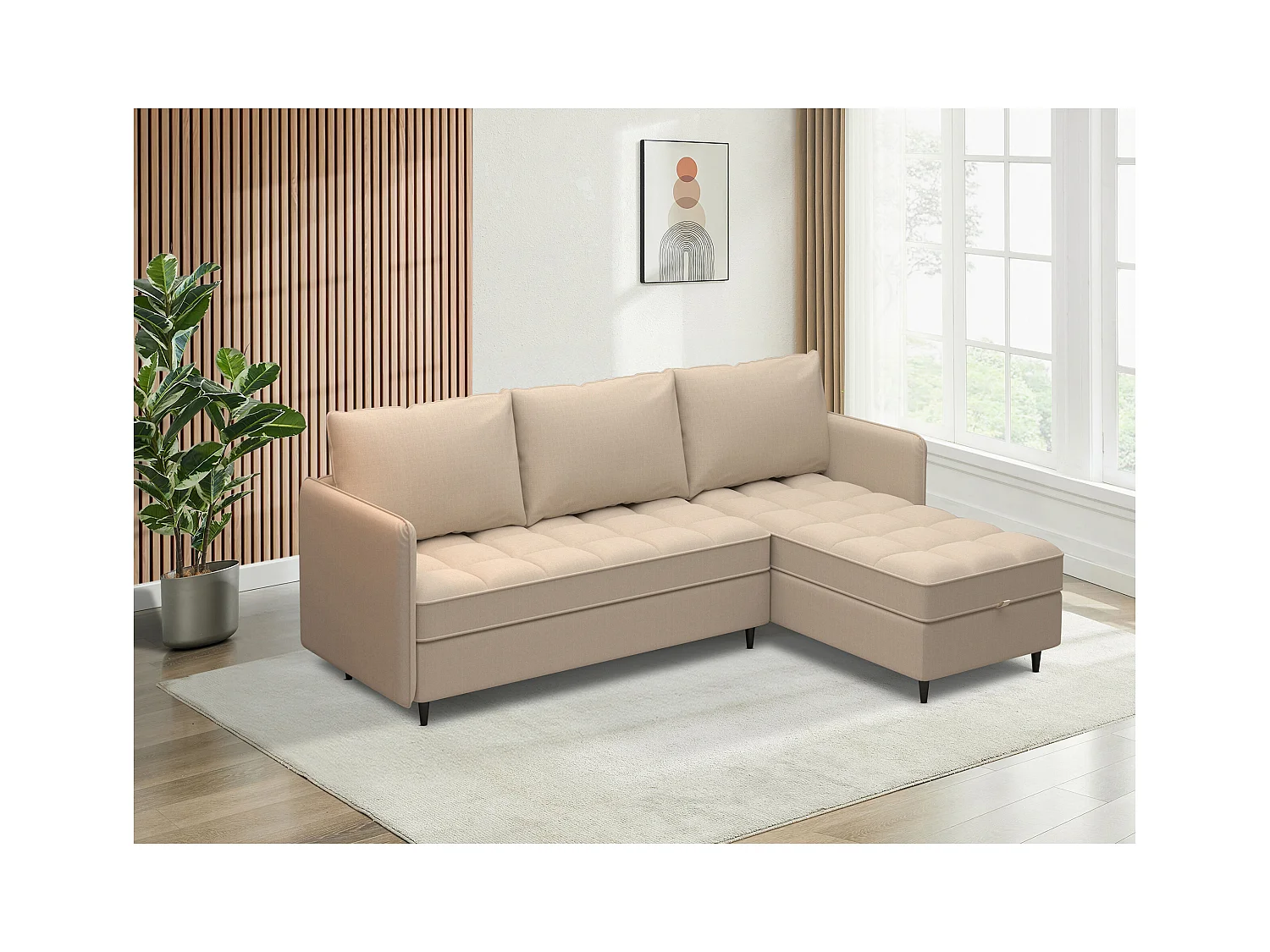 Divano 3 posti con vano portaoggetti/chaise longue reversibile in tessuto crema