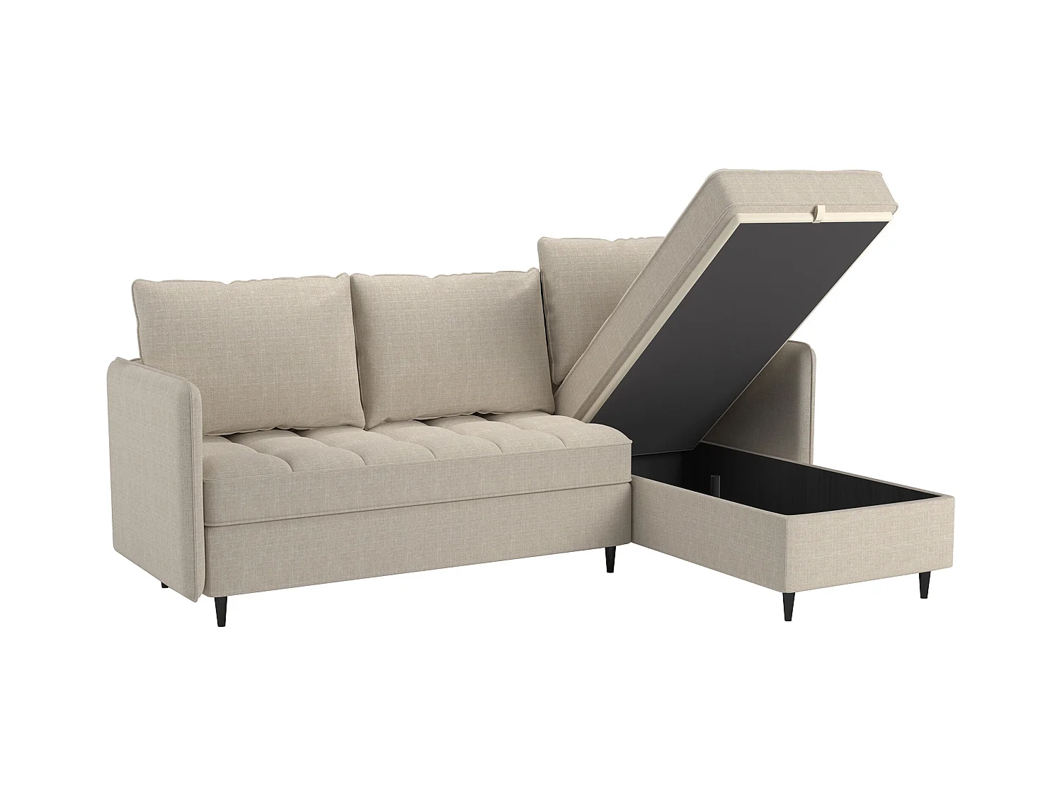 Divano 3 posti con vano portaoggetti/chaise longue reversibile in tessuto crema