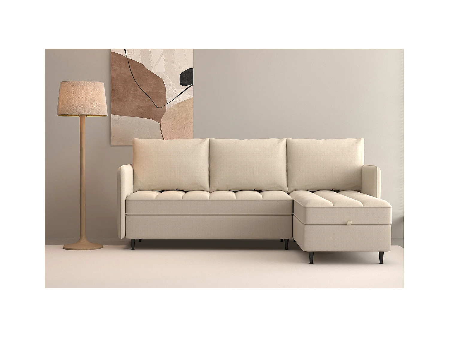 Divano 3 posti con vano portaoggetti/chaise longue reversibile in tessuto crema