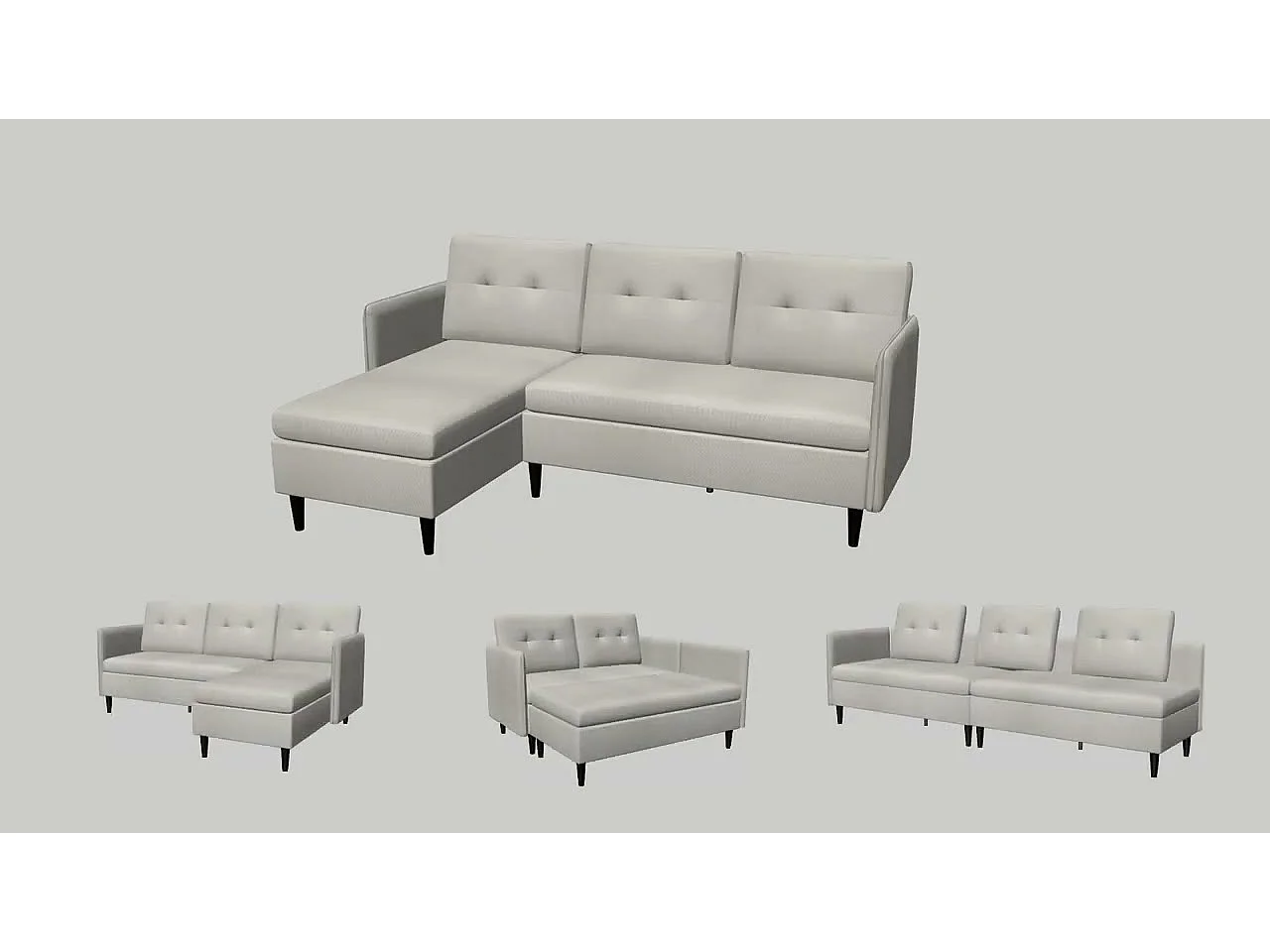 Sofá de 3 plazas con almacenamiento/chaise longue reversible en tela crema