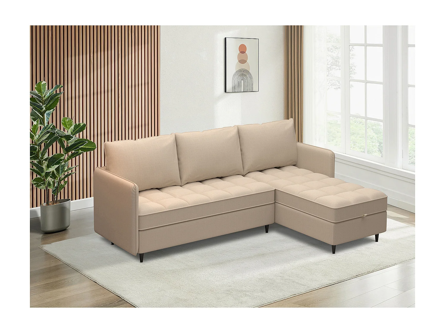 Sofá de 3 plazas con almacenamiento/chaise longue reversible en tela crema