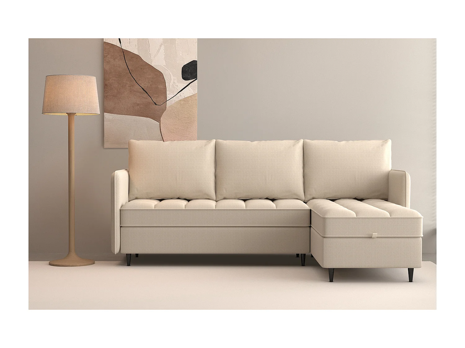Sofá de 3 plazas con almacenamiento/chaise longue reversible en tela crema