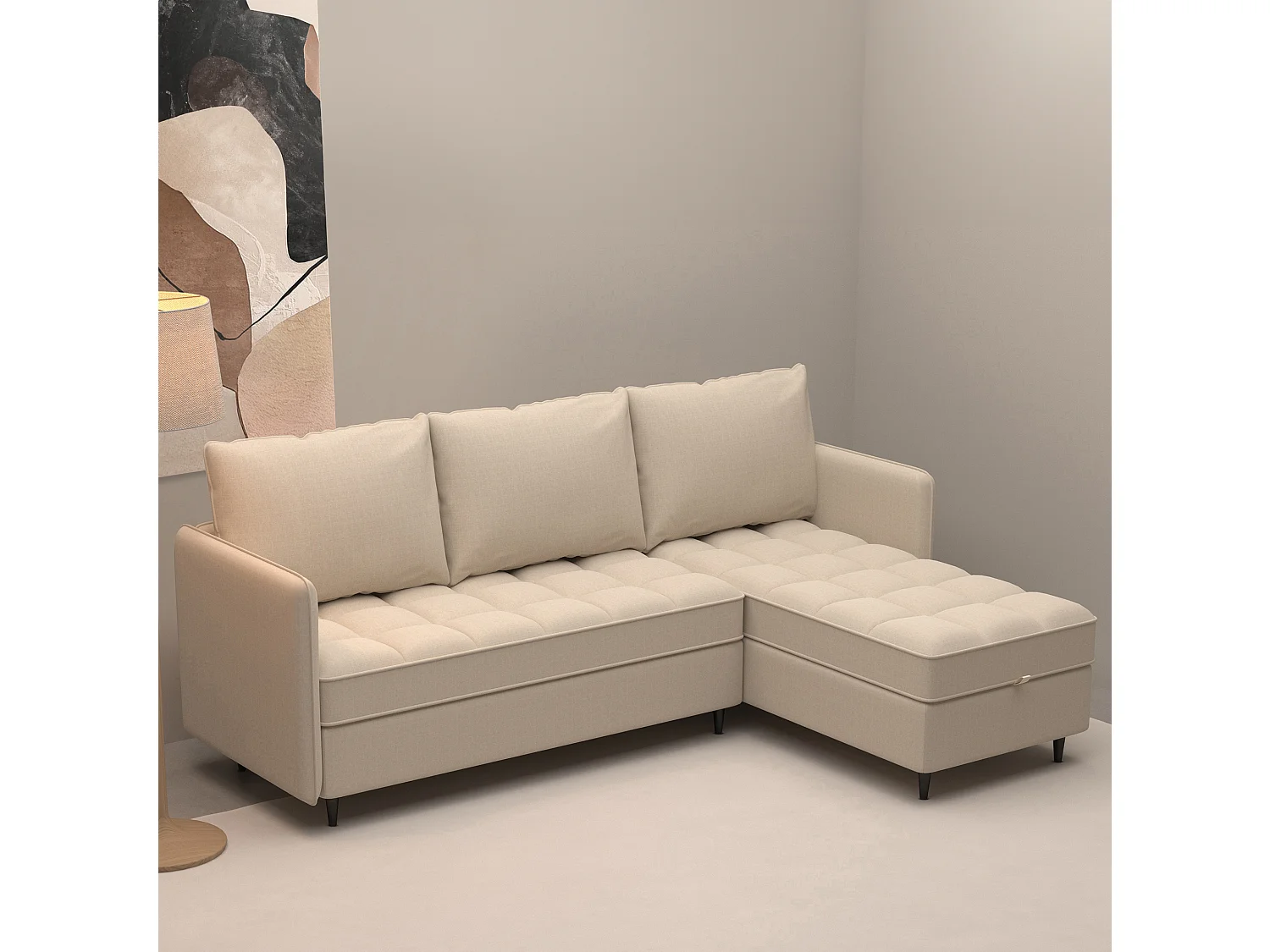 Canapé 3 places avec rangement/méridienne réversible en tissu crème