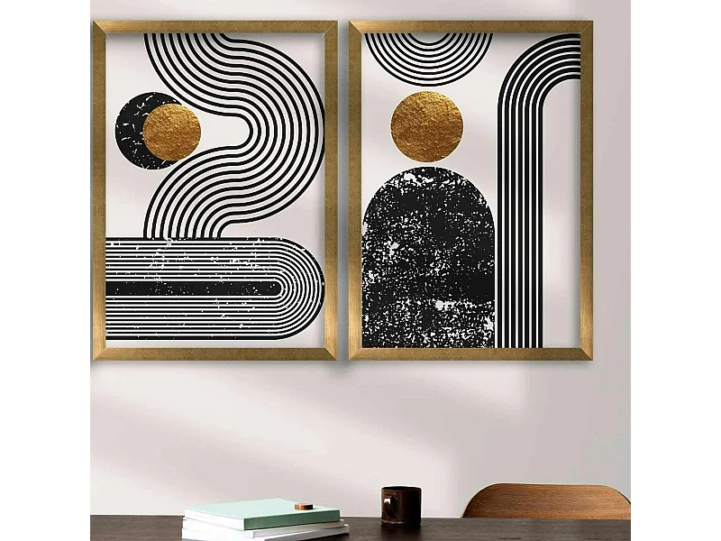 Tableau graphique design noir et or – cadre doré (set de 2)
