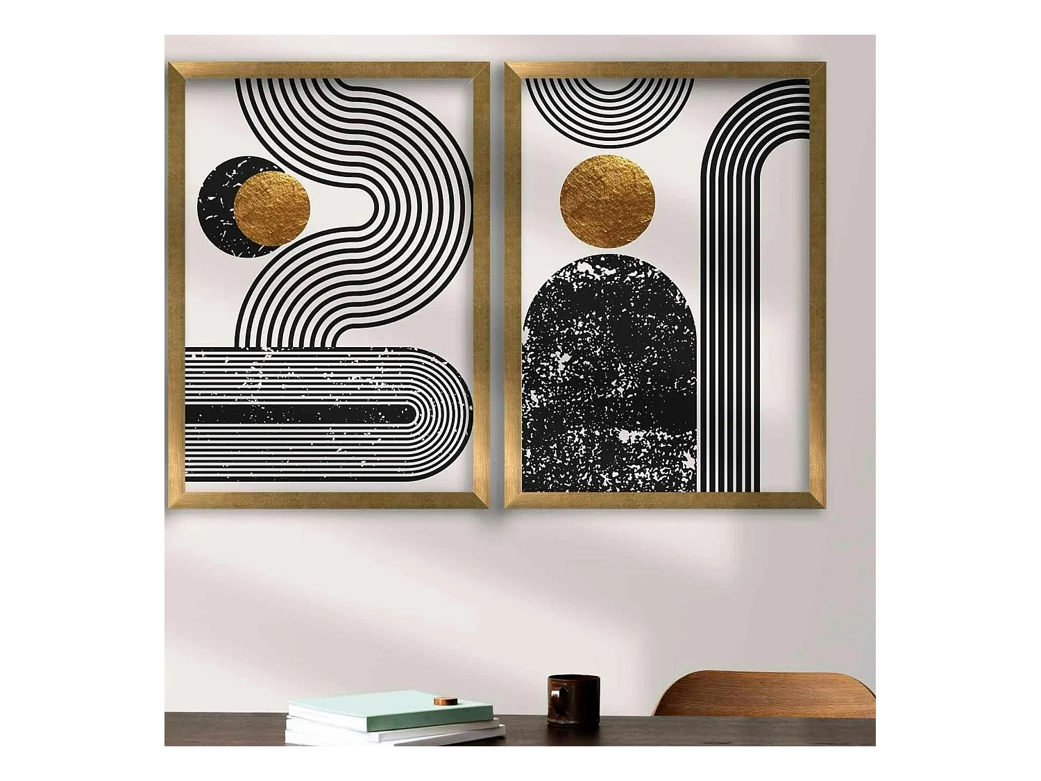 Tableau graphique design noir et or – cadre doré (set de 2)