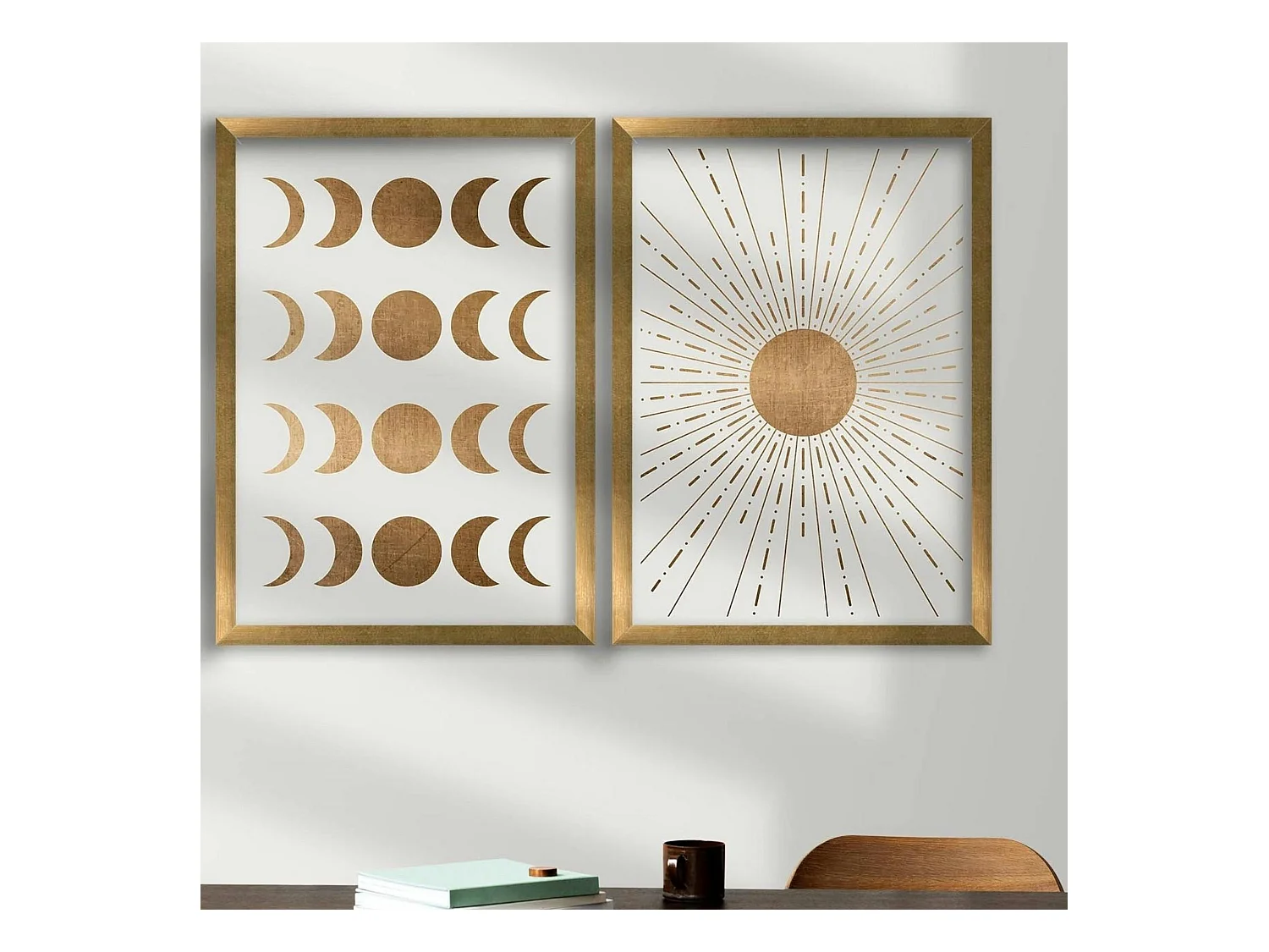 Tableau décoratif doré soleil et lune – cadre (set de 2)