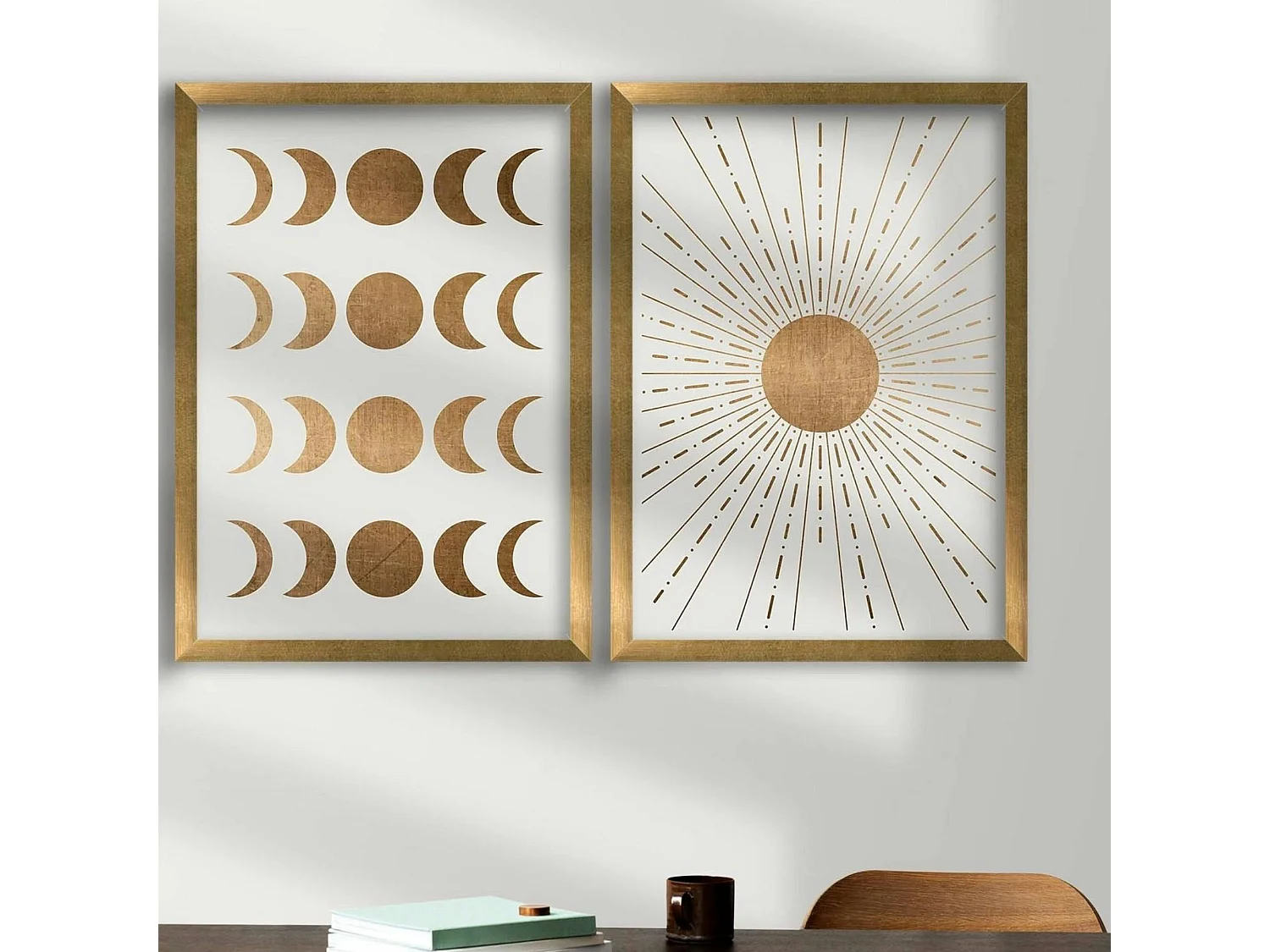 Tableau décoratif doré soleil et lune – cadre (set de 2)