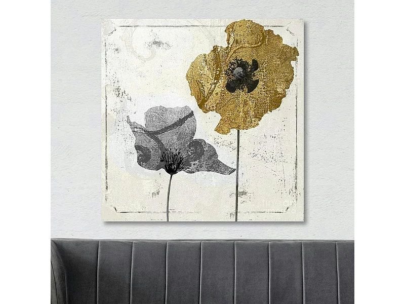 Tableau fleurs or et argent – carré, impression sur toile