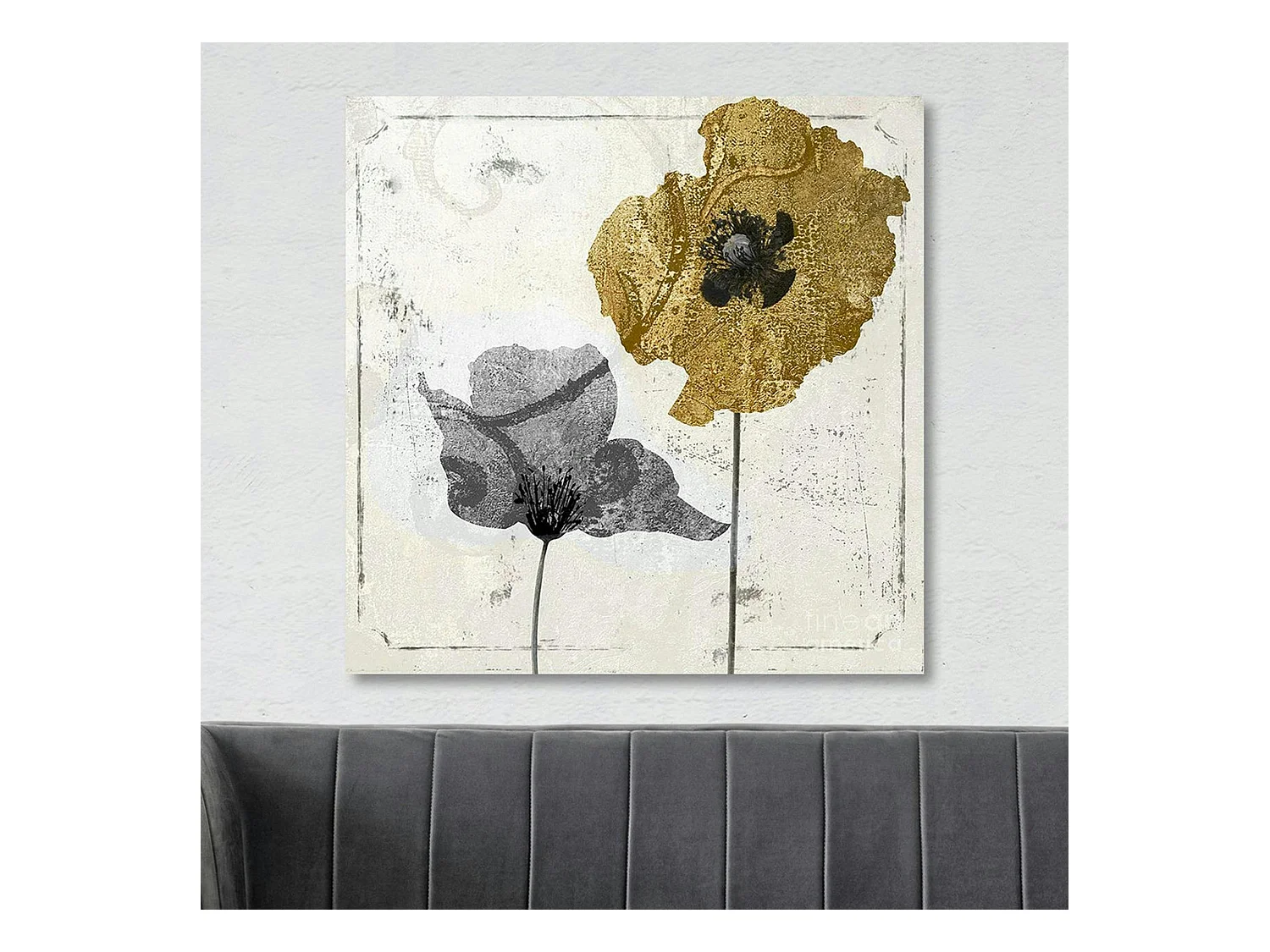 Tableau fleurs or et argent – carré, impression sur toile