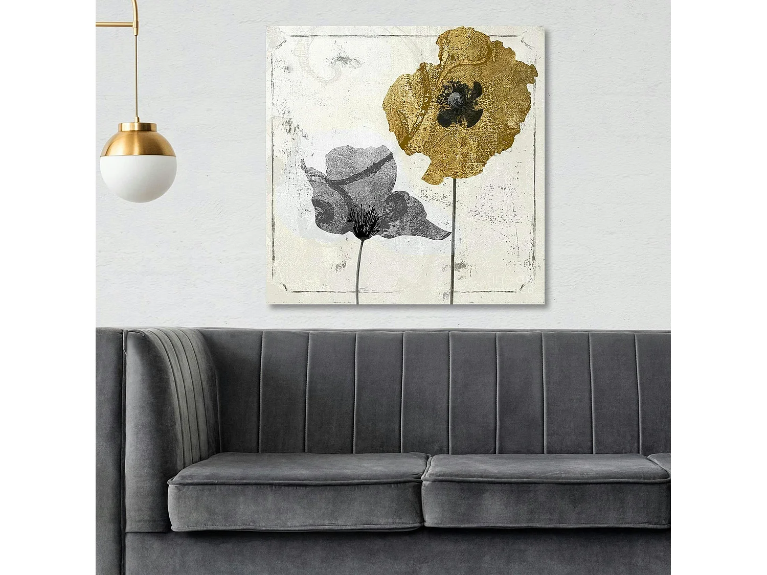 Tableau fleurs or et argent – carré, impression sur toile
