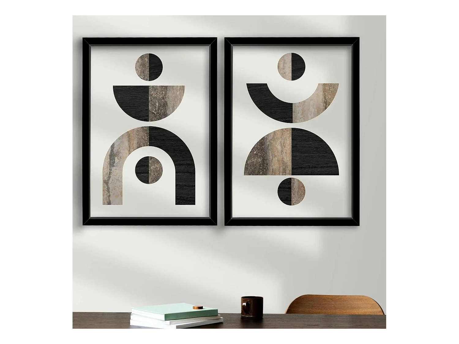 Tableau abstrait géométrique noir et marbre (set de 2)