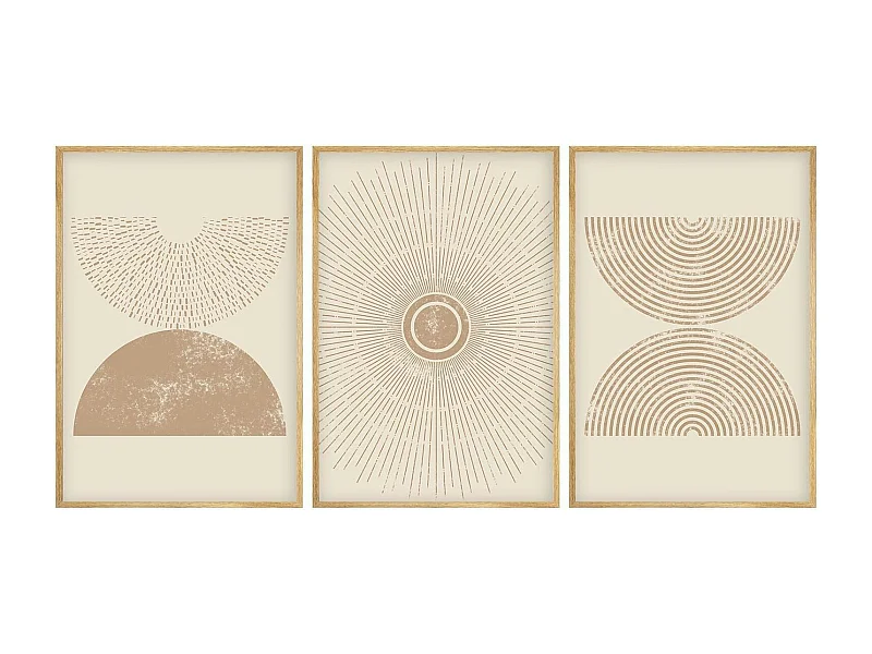 Tableau abstrait beige – formes rondes, cadre (lot de 3)