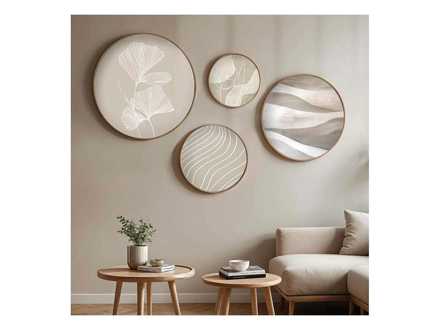 Tableau rond zen beige et bois – nature abstraite (set de 4)