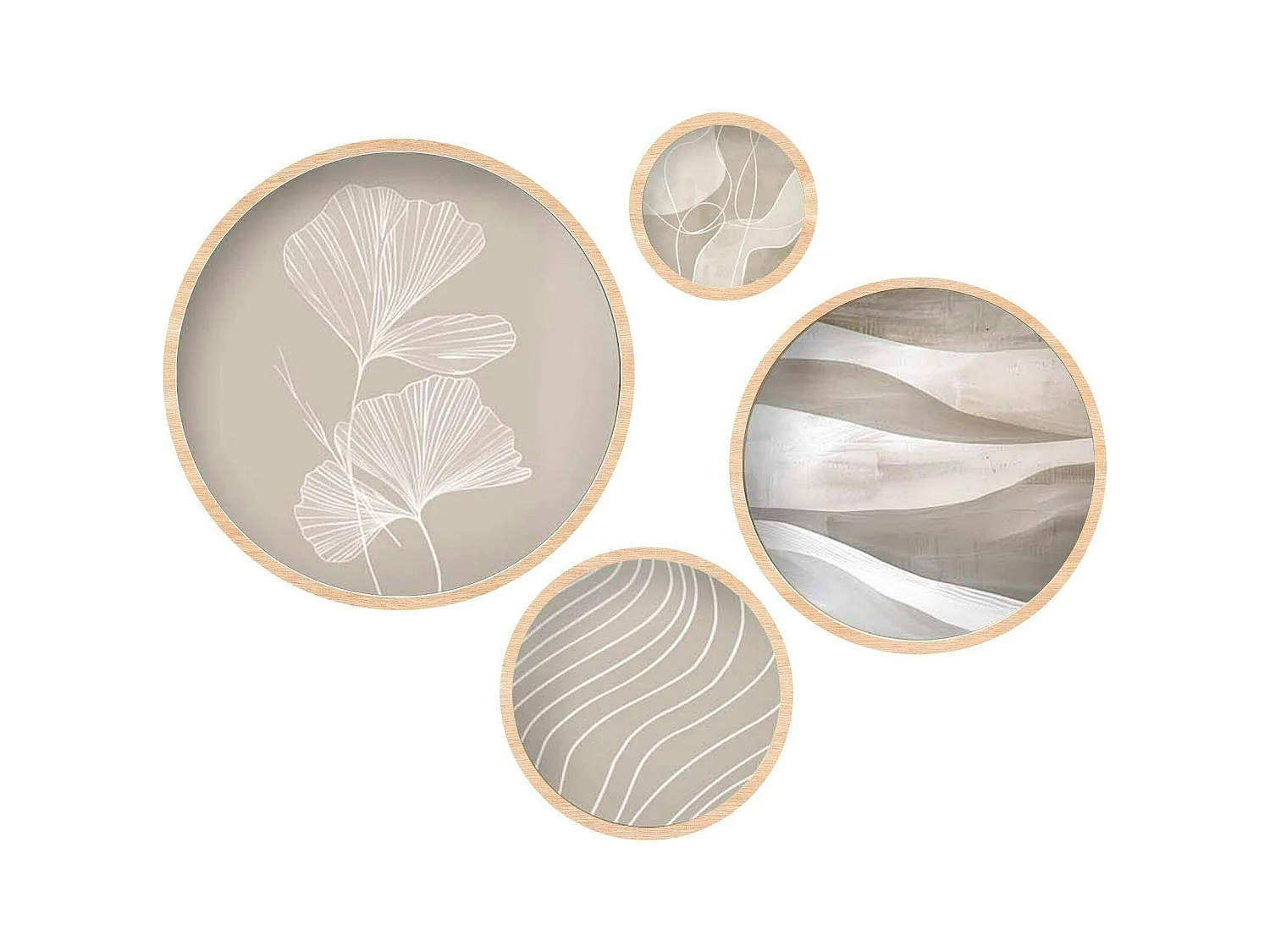 Tableau rond zen beige et bois – nature abstraite (set de 4)