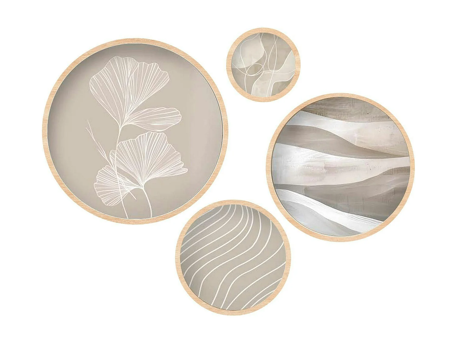 Tableau rond zen beige et bois – nature abstraite (set de 4)