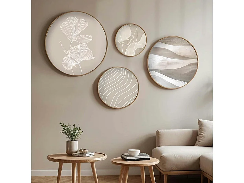 Tableau rond zen beige et bois – nature abstraite (set de 4)