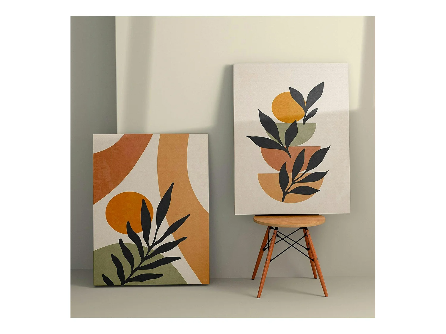 Tableau abstrait feuilles d'olivier – tons nature (set de 2)