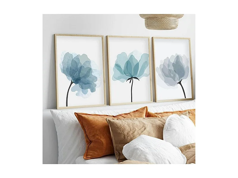 Tableau floral aquarelle bleu pastel – lot de 3