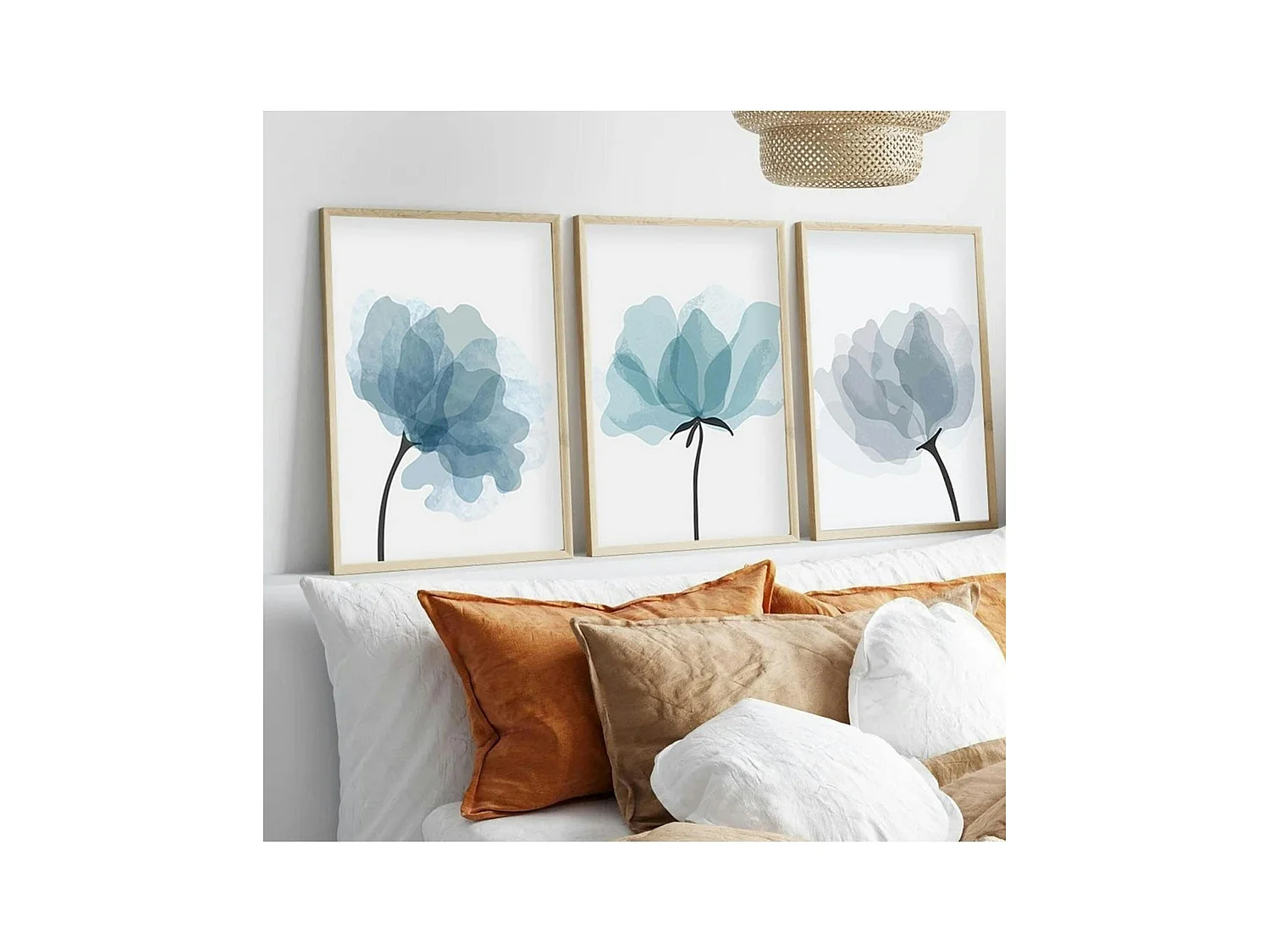 Tableau floral aquarelle bleu pastel – lot de 3