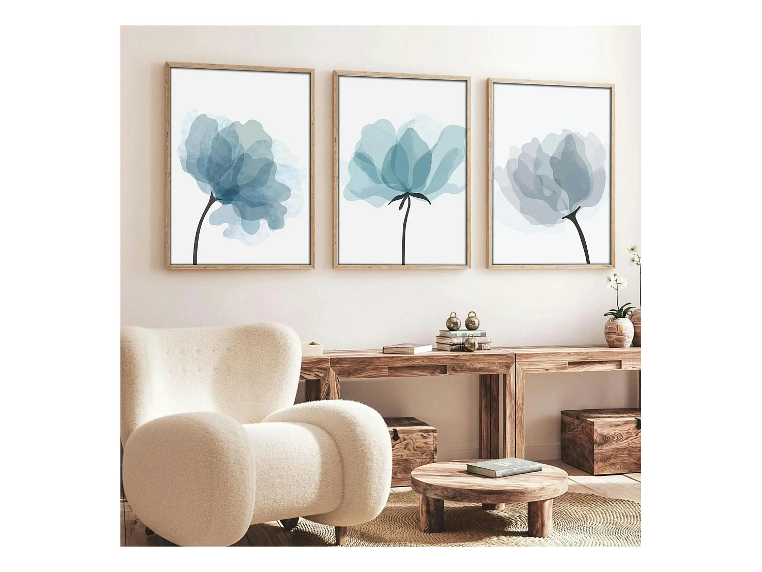 Tableau floral aquarelle bleu pastel – lot de 3