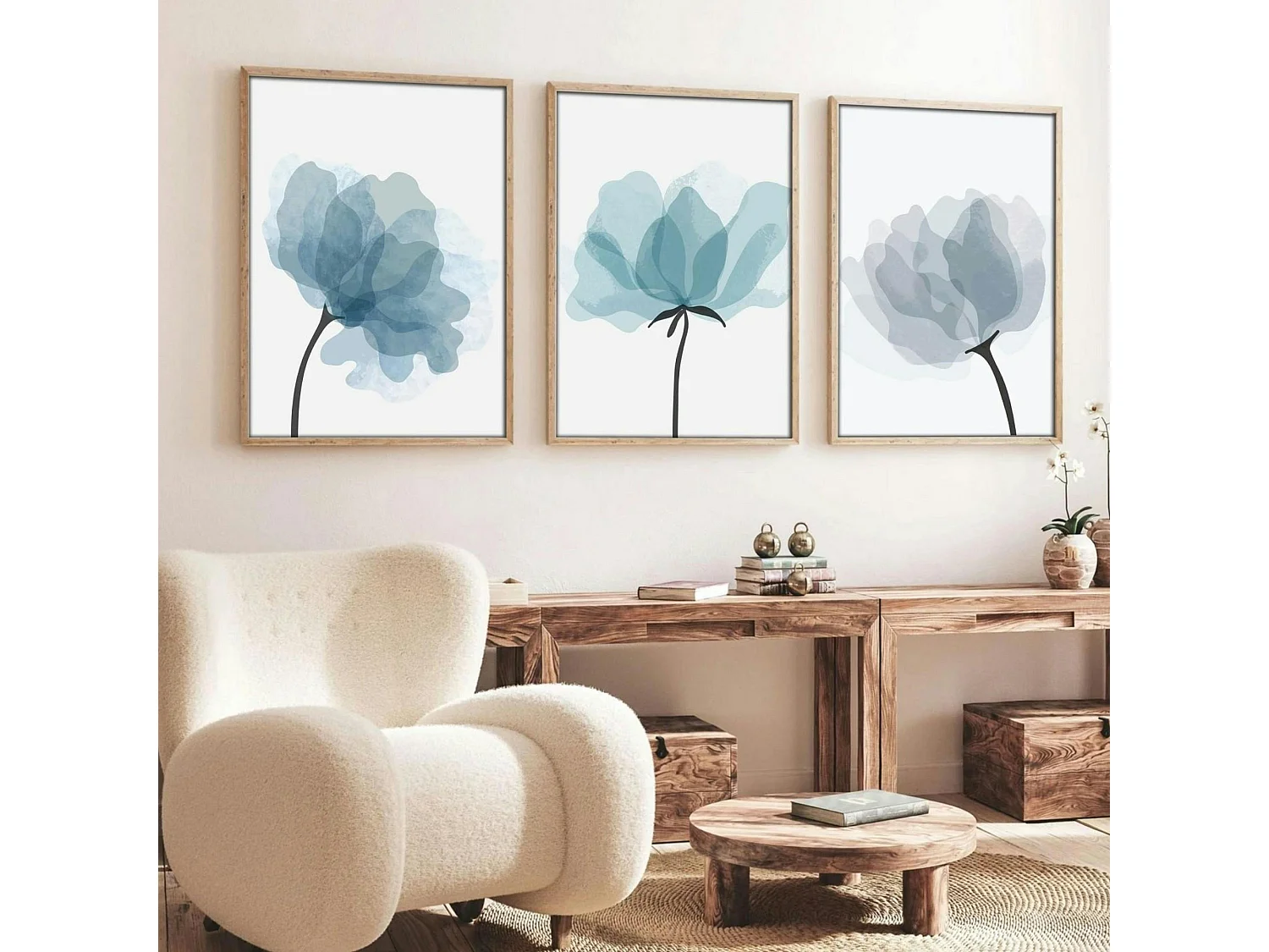 Tableau floral aquarelle bleu pastel – lot de 3