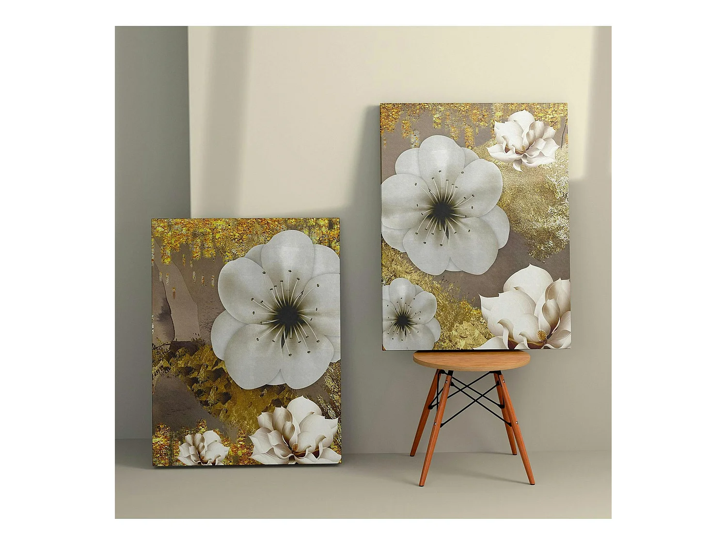 Tableau fleurs blanches – fond taupe et or (set de 2)