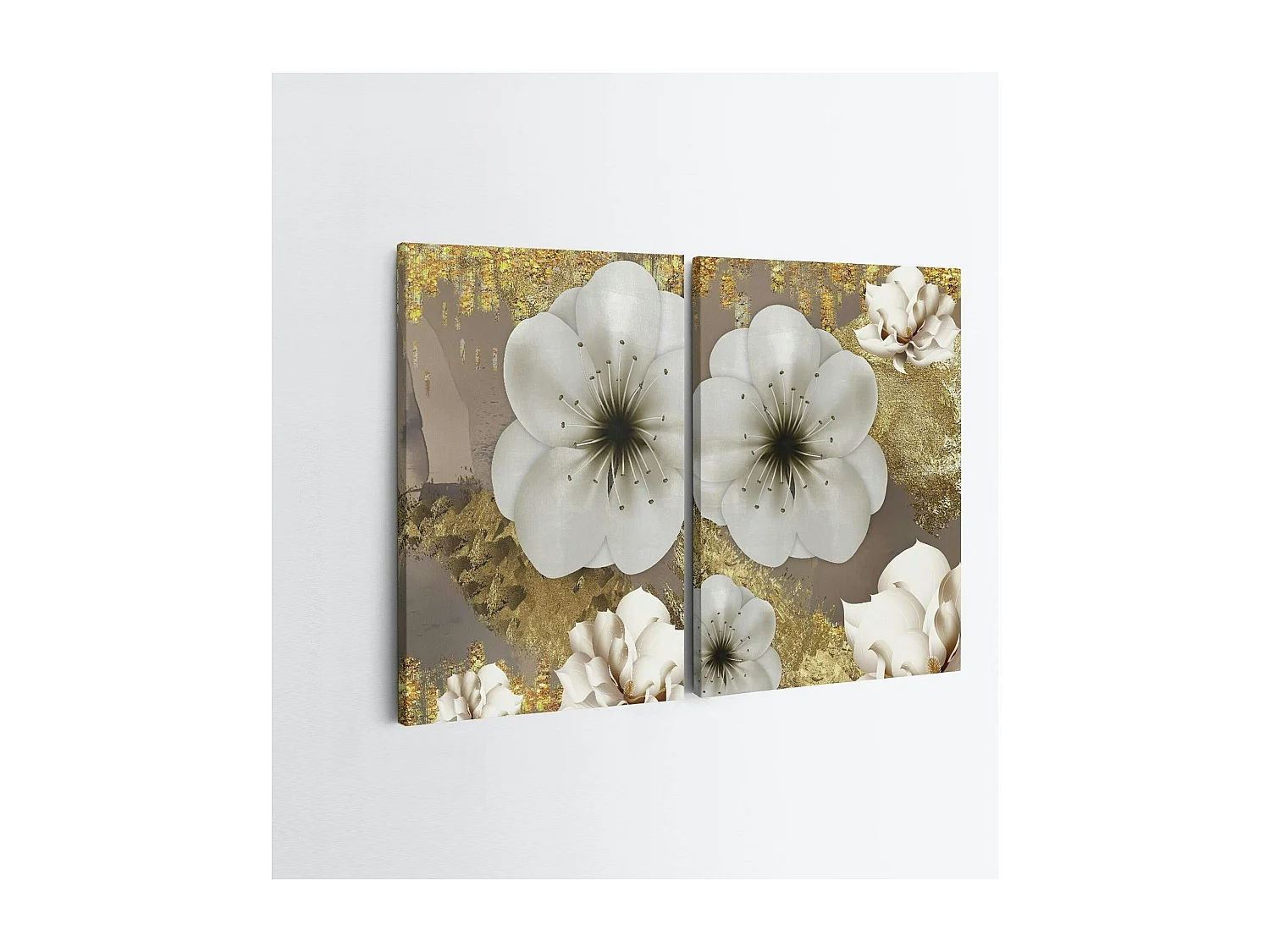 Tableau fleurs blanches – fond taupe et or (set de 2)