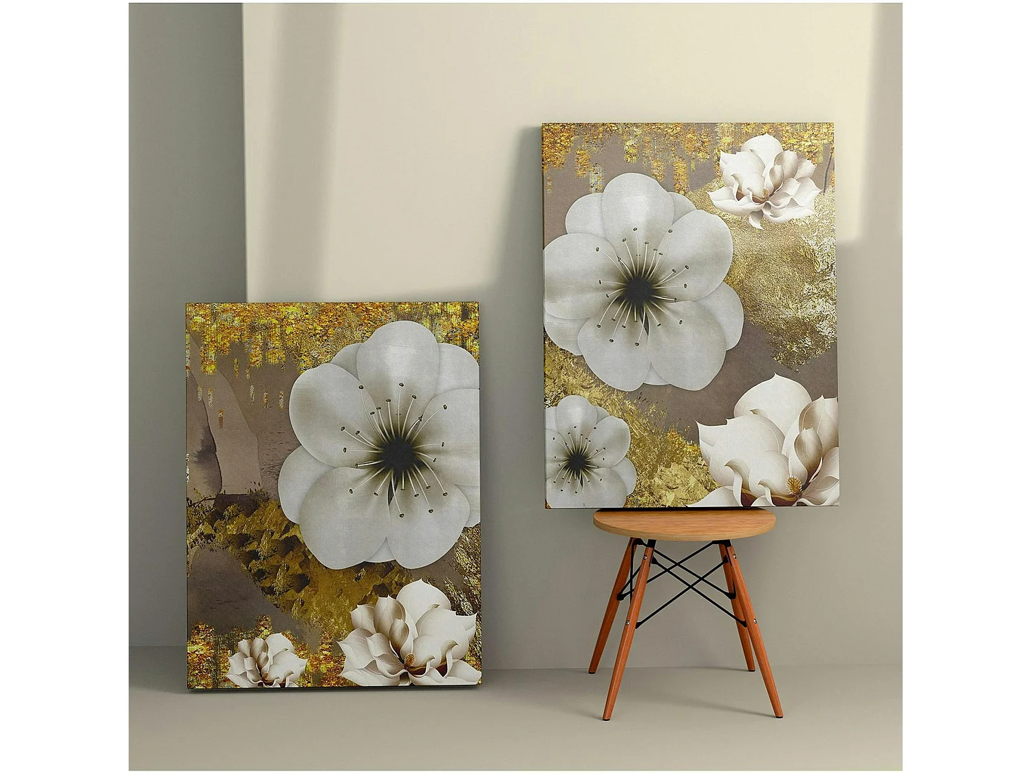 Tableau fleurs blanches – fond taupe et or (set de 2)