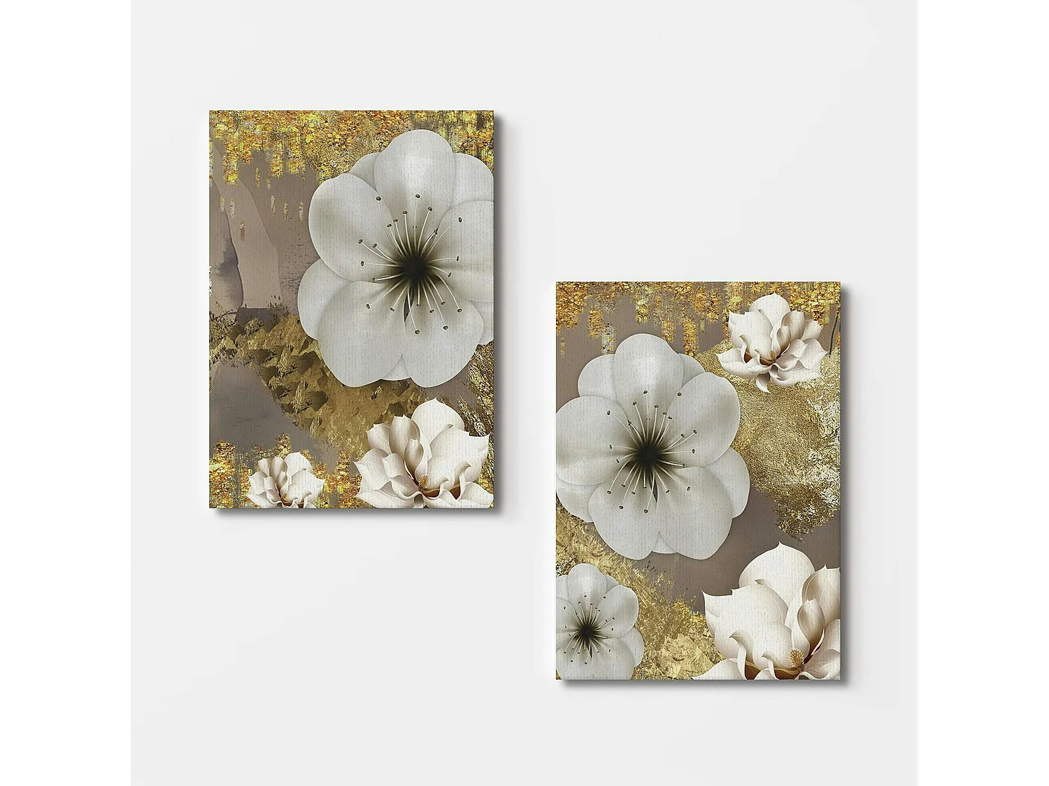 Tableau fleurs blanches – fond taupe et or (set de 2)