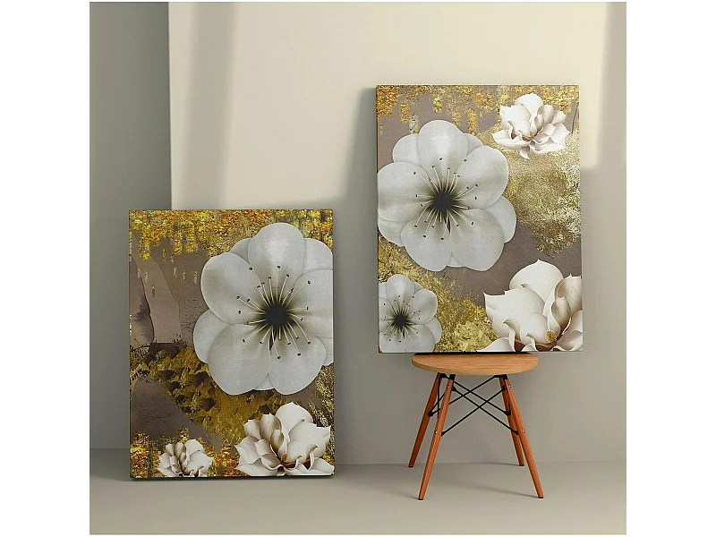 Tableau fleurs blanches – fond taupe et or (set de 2)