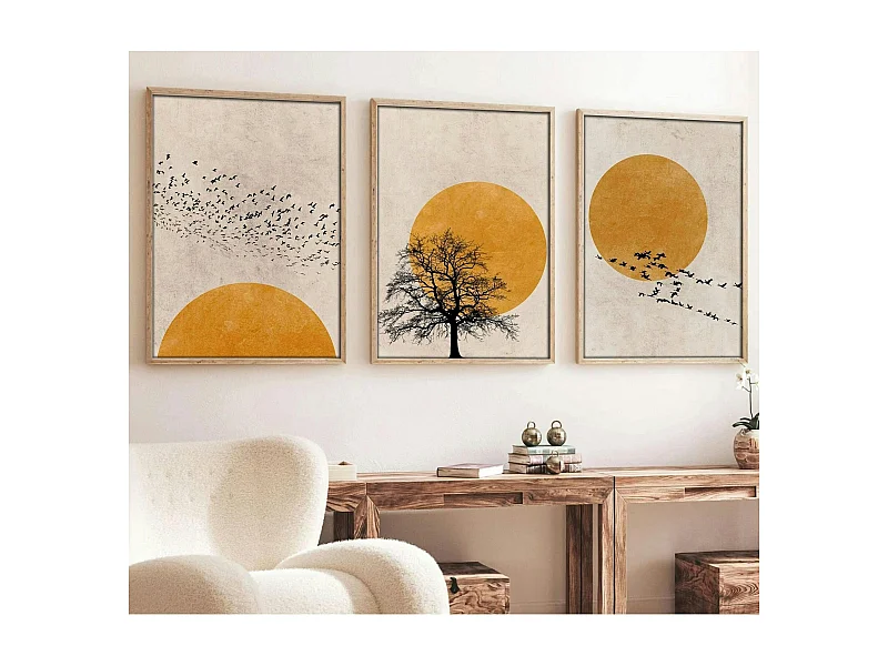 Tableau nature stylisée – soleil et oiseaux (lot de 3)